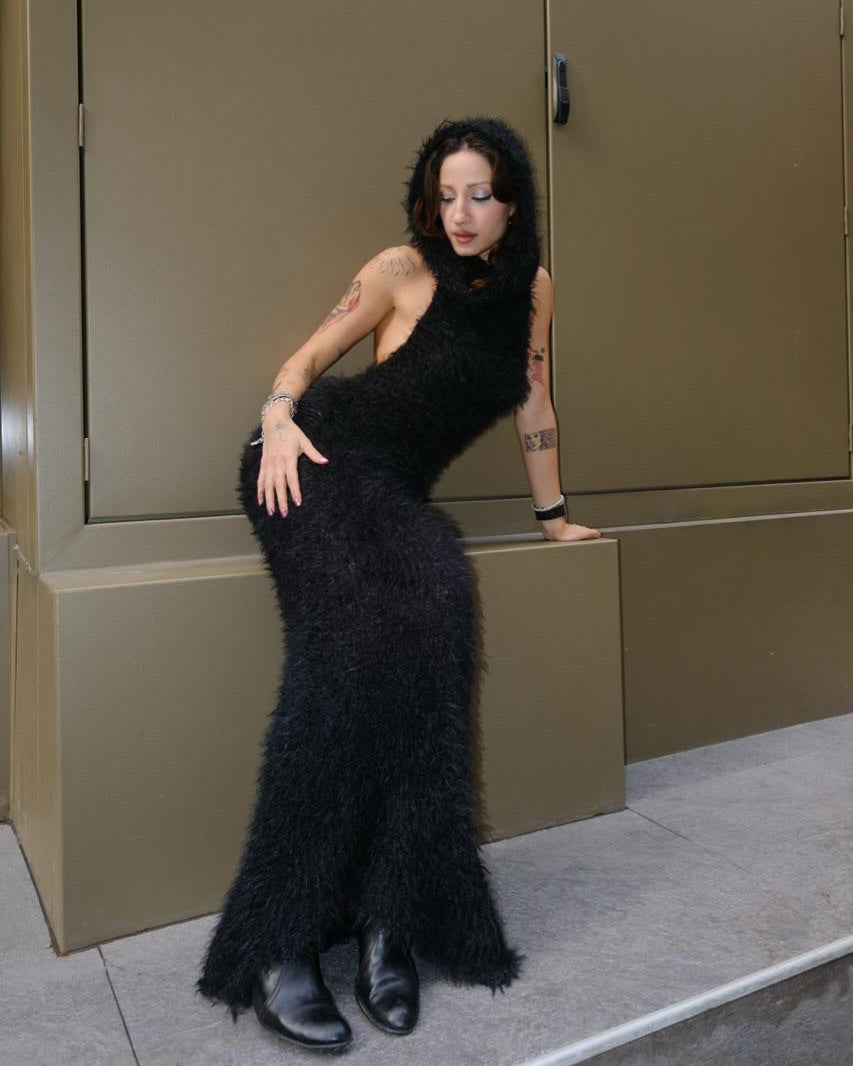 Black Fur Hoodie Knit Dress