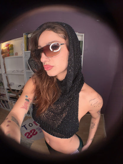 Black Hoodie Knit Top
