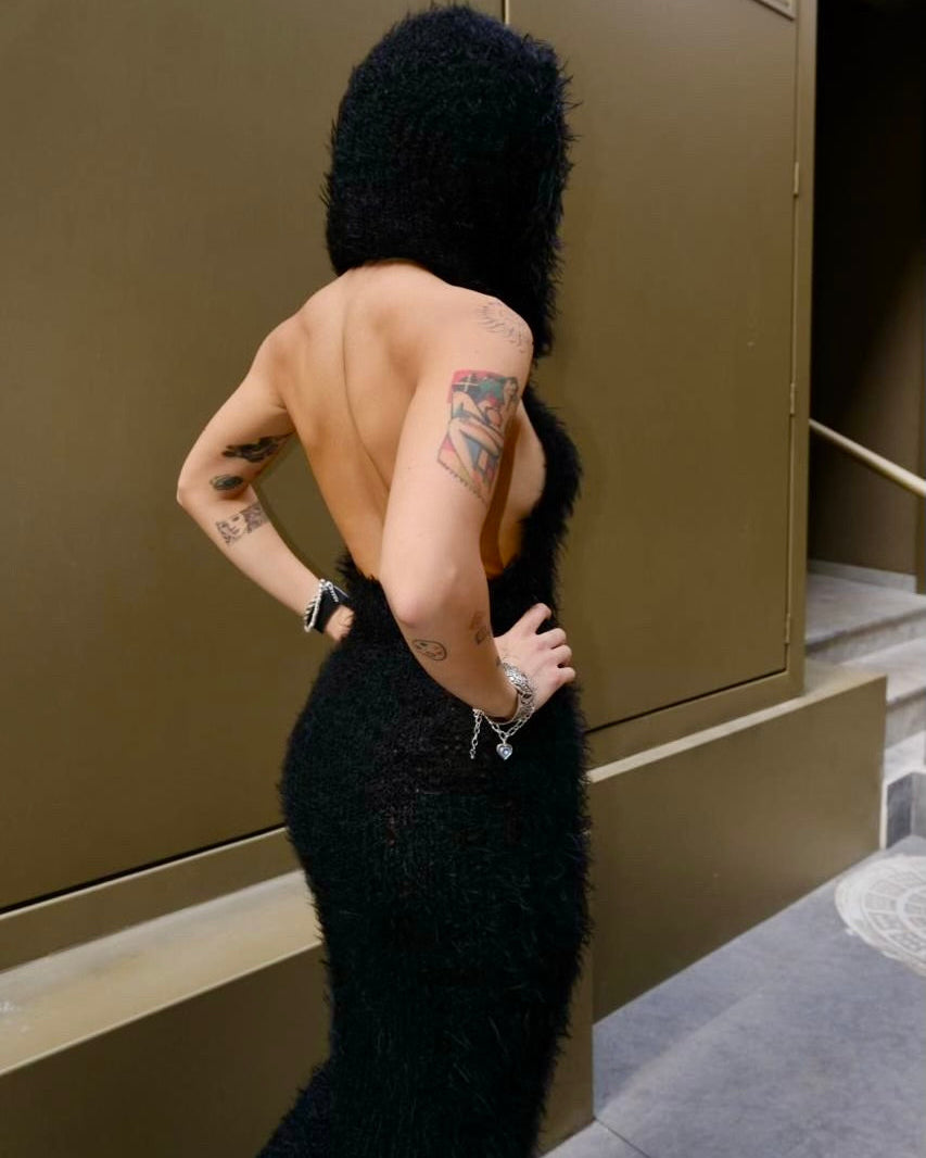 Black Fur Hoodie Knit Dress