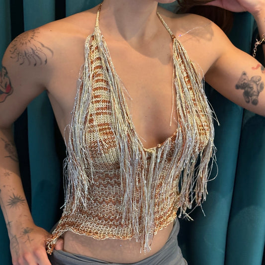 Orange Gold Knit Top with Fringe