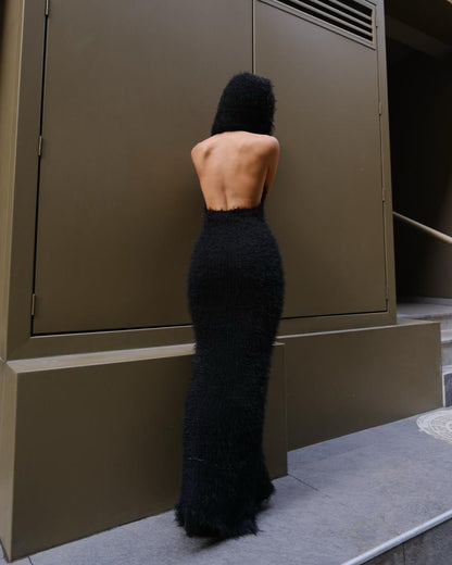 Black Fur Hoodie Knit Dress