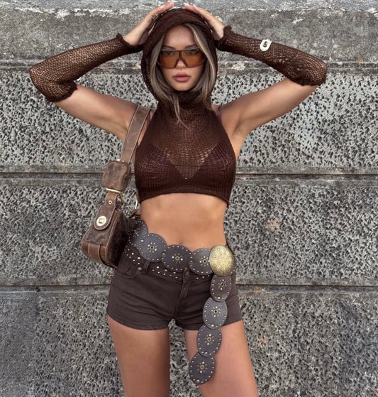 Brown Hoodie Knit Top with Sleeves