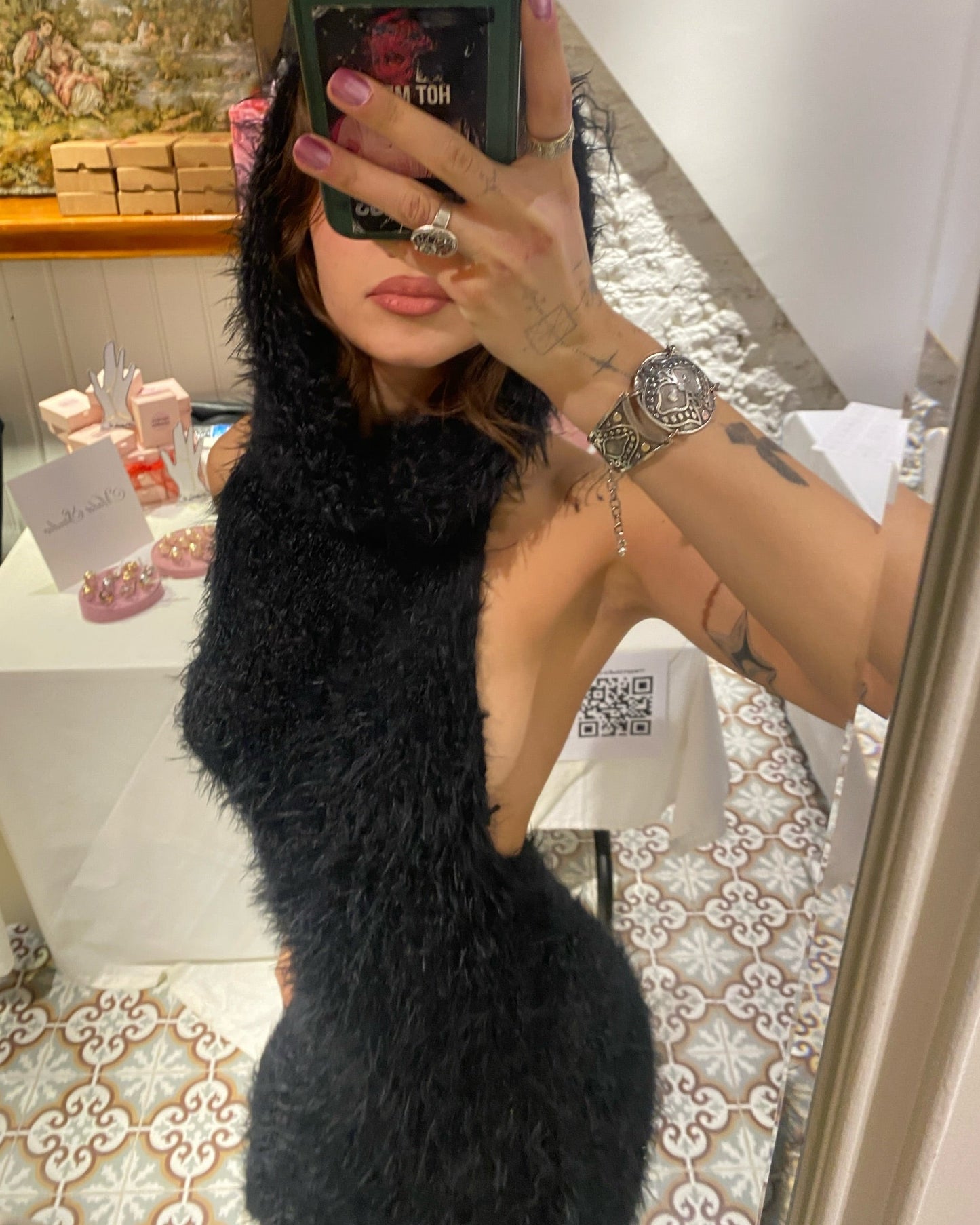 Black Fur Hoodie Knit Dress