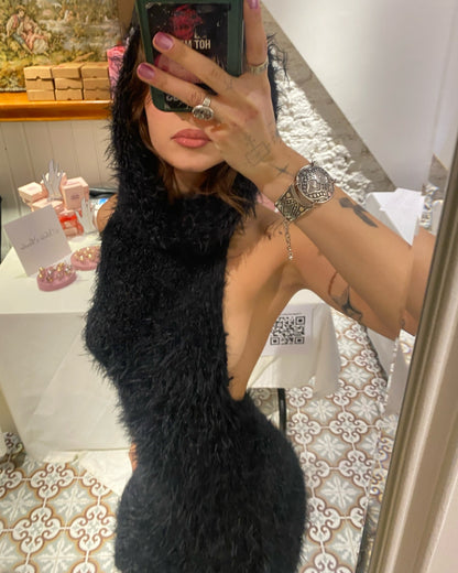 Black Fur Hoodie Knit Dress