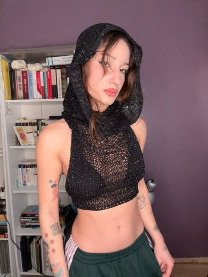 Black Hoodie Knit Top