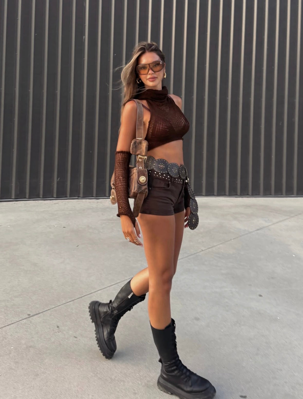 Brown Hoodie Knit Top with Sleeves