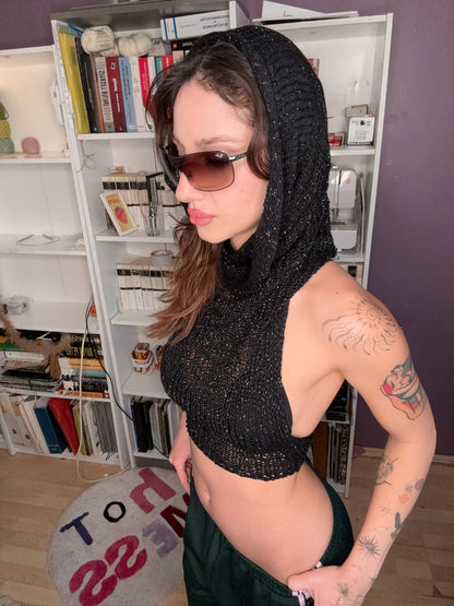 Black Hoodie Knit Top