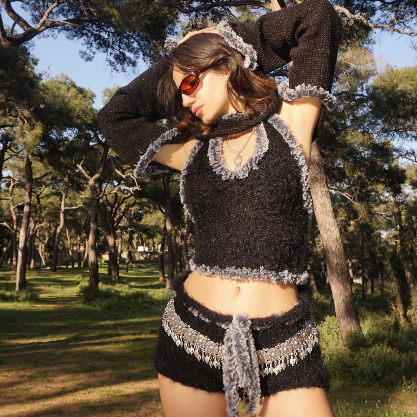 Black Fur Bolero, Crop Top & Mini Short Set