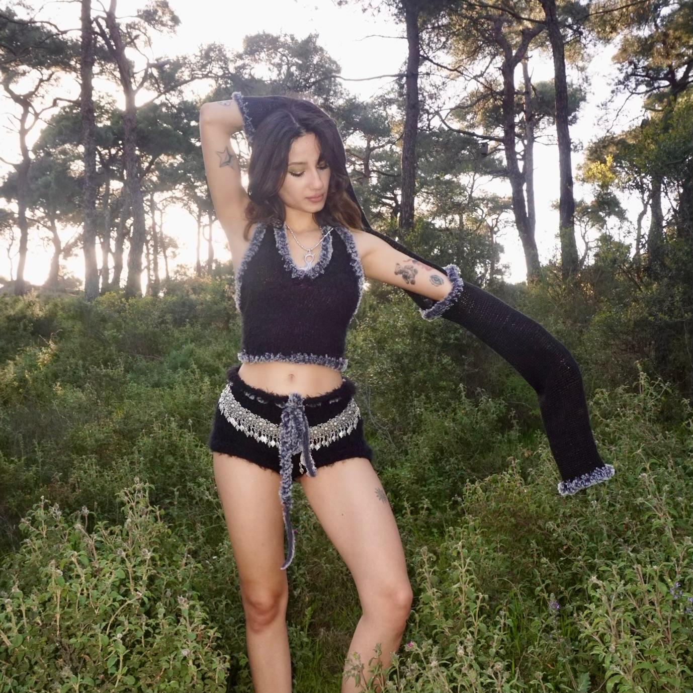 Black Fur Bolero, Crop Top & Mini Short Set